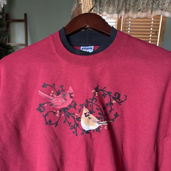 Vintage Christmas Sweatshirt Embroidered CARDINALS 90’s Crewneck XL COTTAGECORE - Picture 1 of 5